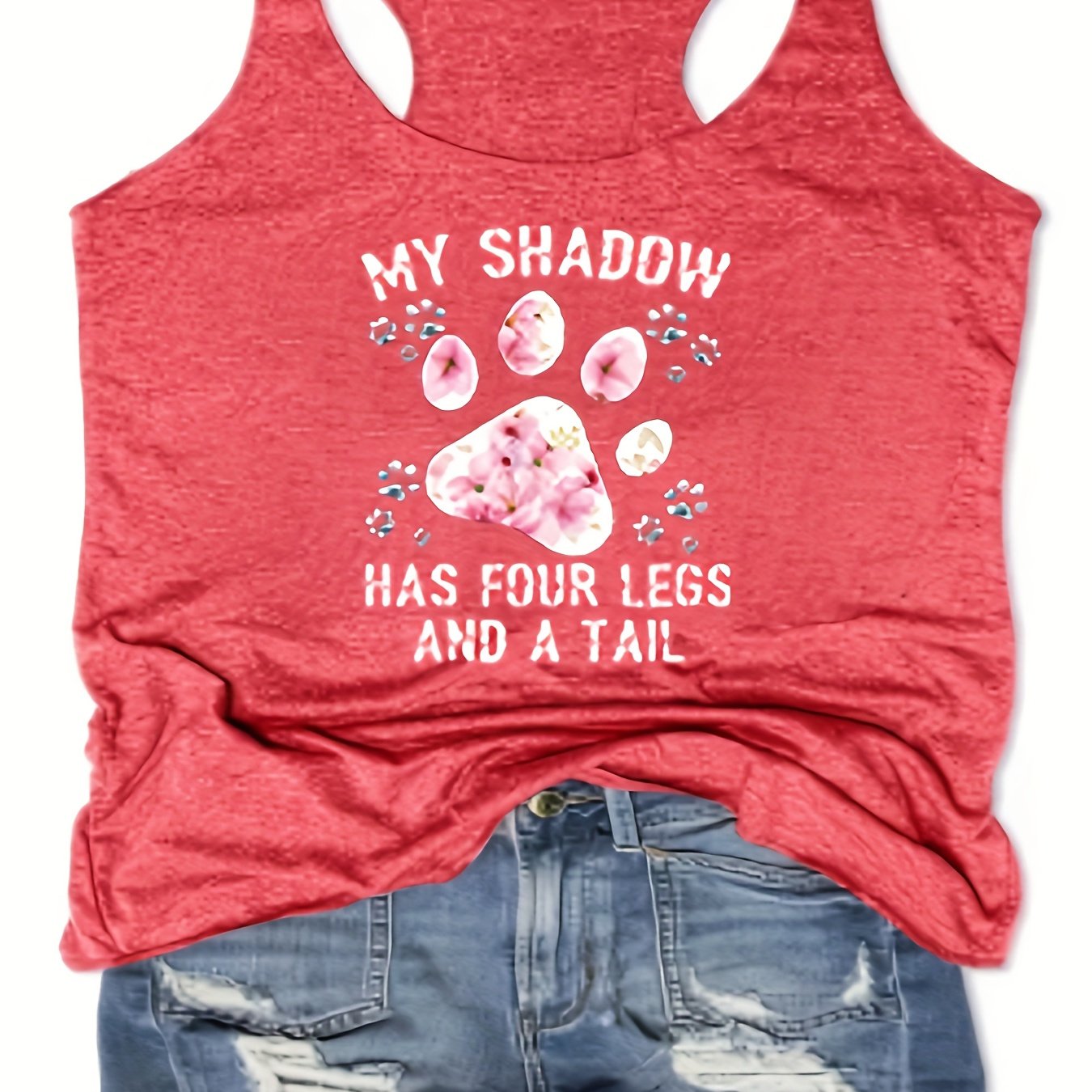 

Women's Fashion Sleeveless Top, Casual Slim Fit Printed Tank, With "my Shadow Has 4 Legs And A Tail" Graphic, Pet Lover Gift Idea, Soft Breathable Fabric