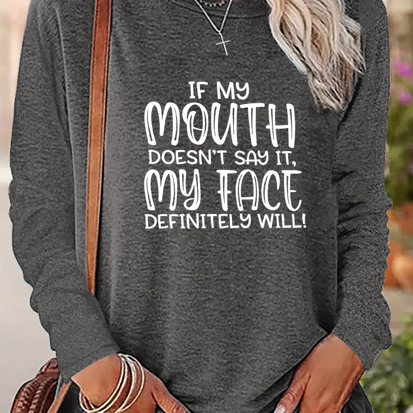 

Women's Casual Long Sleeve Crew Neck T-shirt - Lightweight, Stretchy Polyester With Letter Print For Spring & Fall