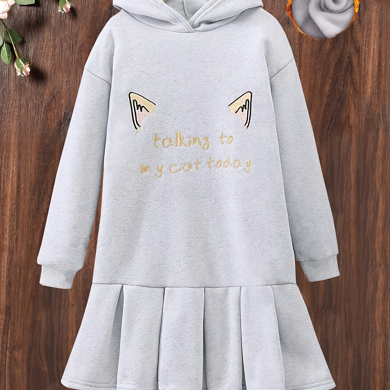 

Girl's Hooded Dress With Furry Sleeves And Whimsical Cat Design - Perfect For Fall/winter