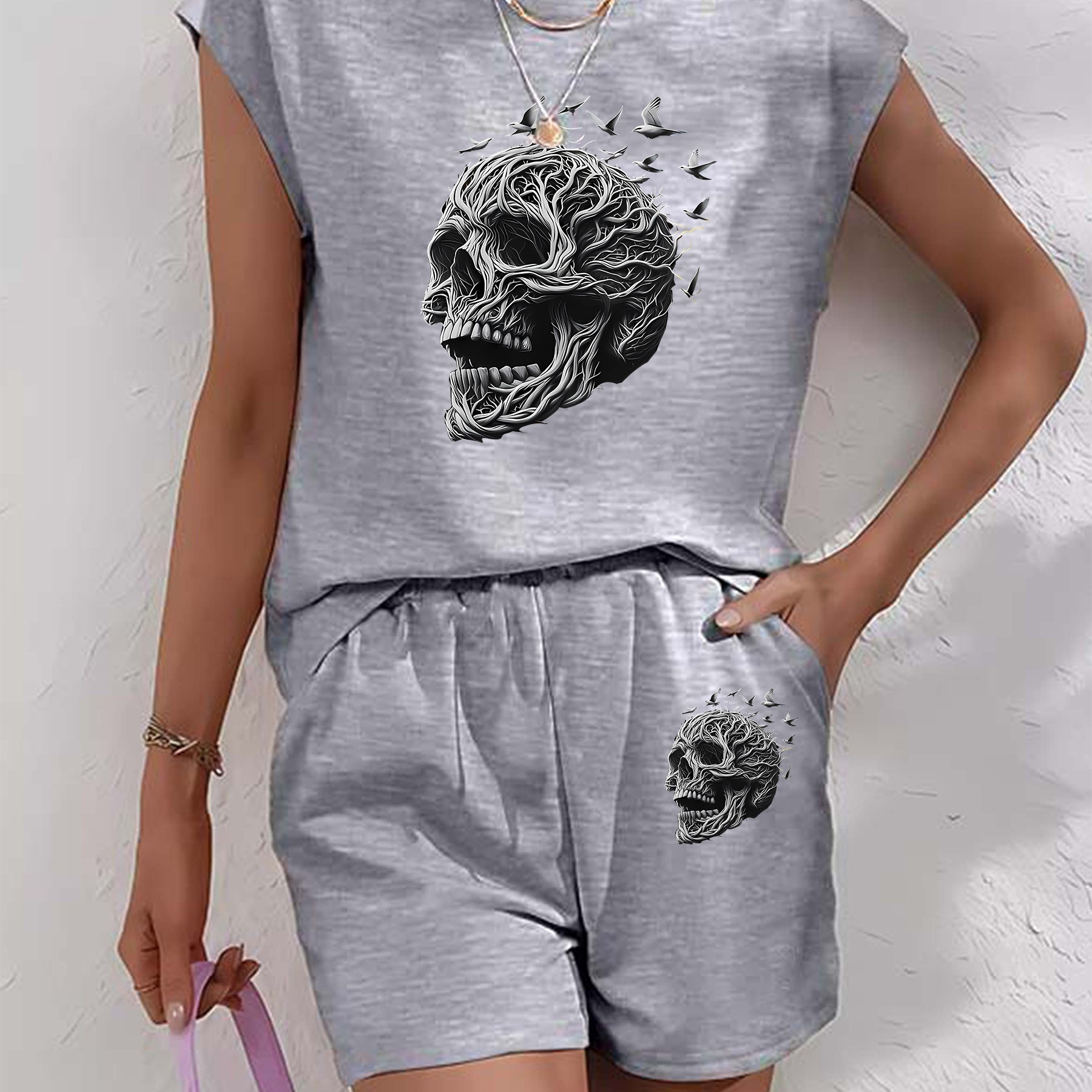 

Skull 2 Piece Set, Crew Neck Sleeveless Top & Slant Pocket Shorts Outfits, Women's Clothing