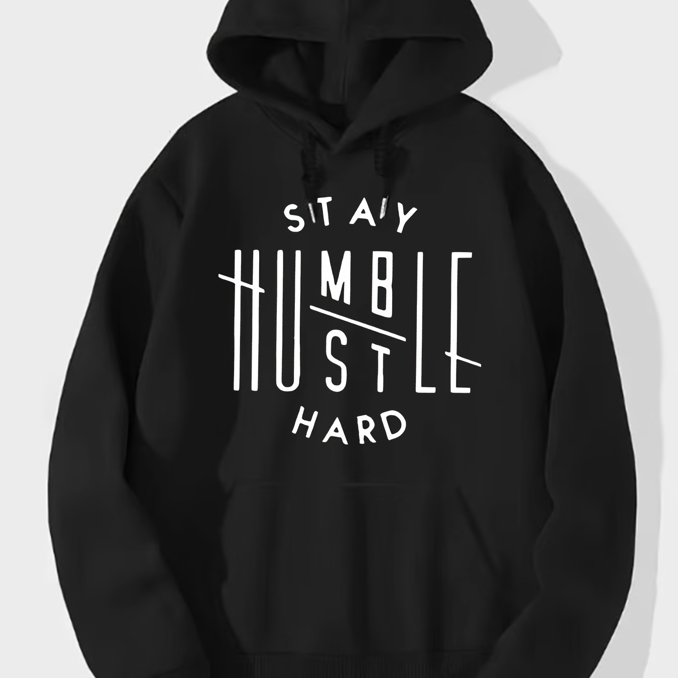 

Plus Size Stay Humble Print Men's Hoodie Sweatshirt, Loose Comfy Long Sleeve Top Men's Casual Clothing