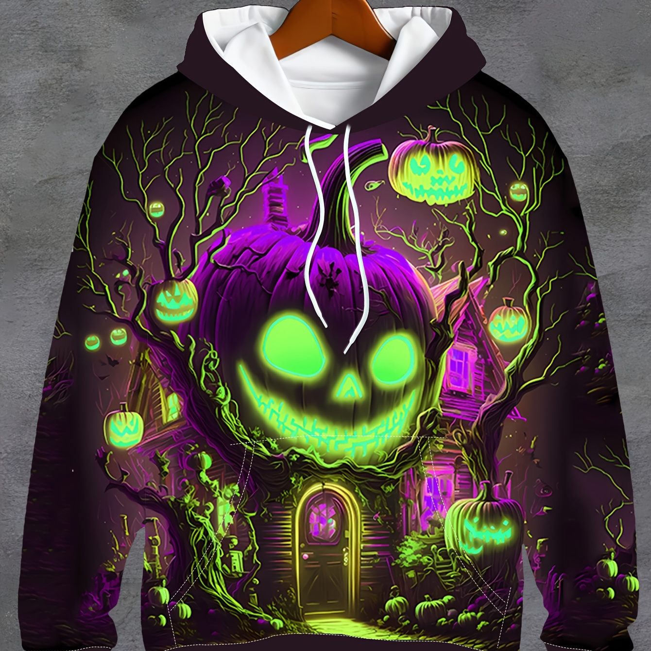 

Men's Spring And Fall Theme Haunted Pumpkin And House Pattern Hooded Sweatshirt With Kangaroo Pocket, Fashion Hoodie For Casual, Holiday And Party Wear