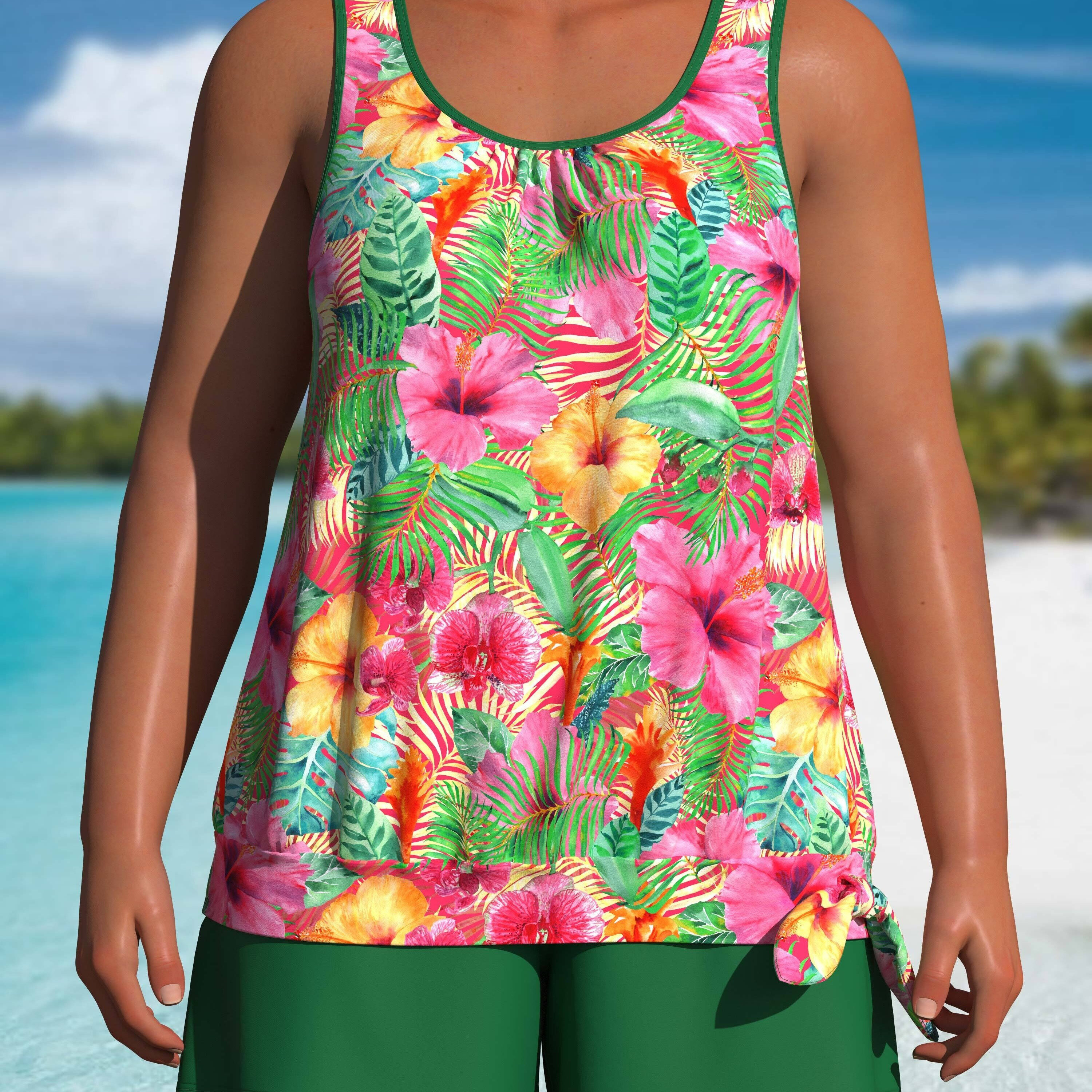 

Women's Plus Size Floral Round Neck Tankini Swimsuit Set, Conservative Style, Vibrant Tropical Print, Two-piece Bathing Suit With Boyshorts