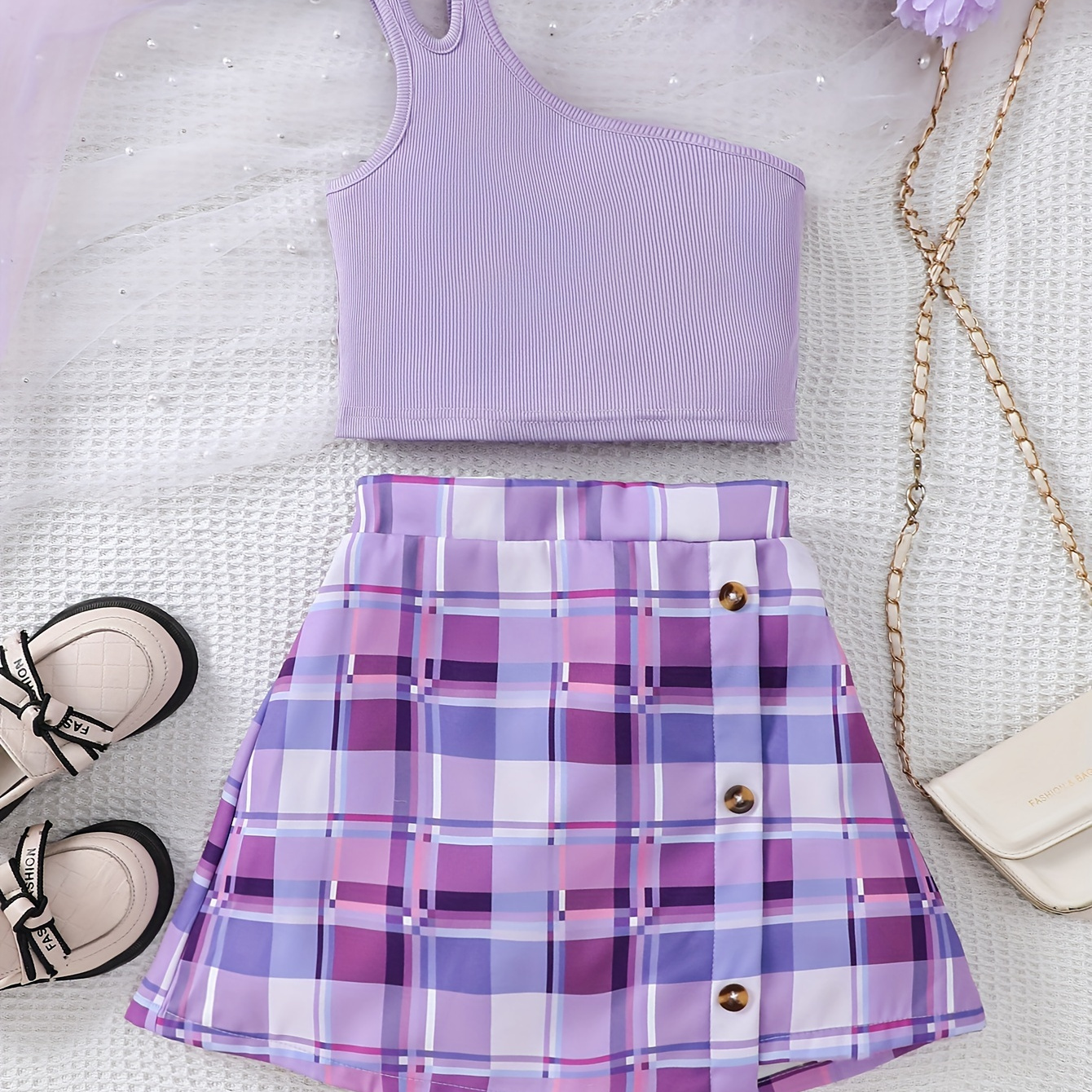 

Purple Girl's Outfit Cut-out 1 Shoulder Top + Plaid Skirt Holiday Casual Set, Summer 2pcs Girls Clothes