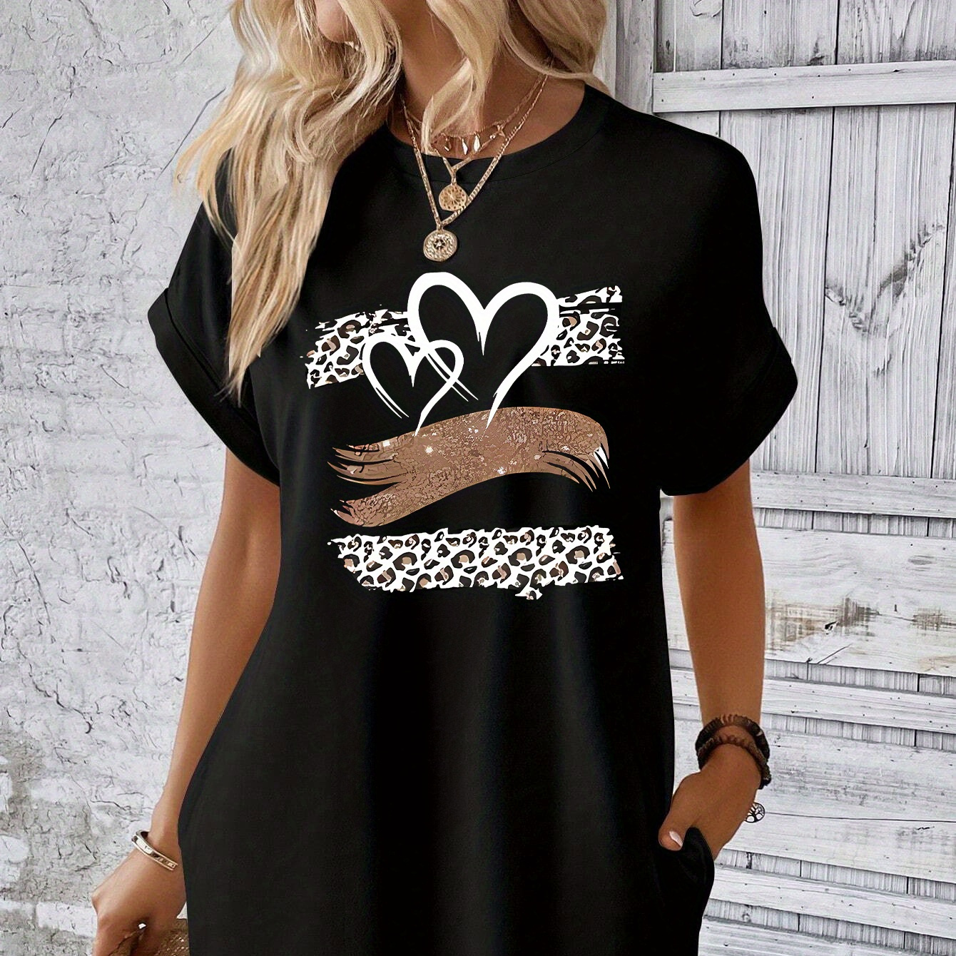 

Graphic Print Tee Dress, Short Sleeve Crew Neck Casual Dress For Summer & Spring, Women's Clothing