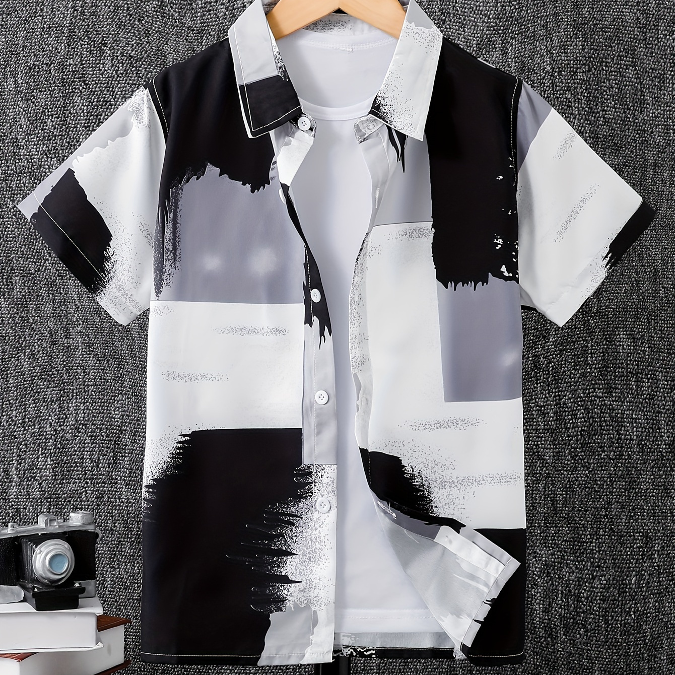 

Boys Trendy Colorblock Shirt, Casual Short Sleeve Lapel Shirt Tops, Boys Clothes For Summer Outdoor