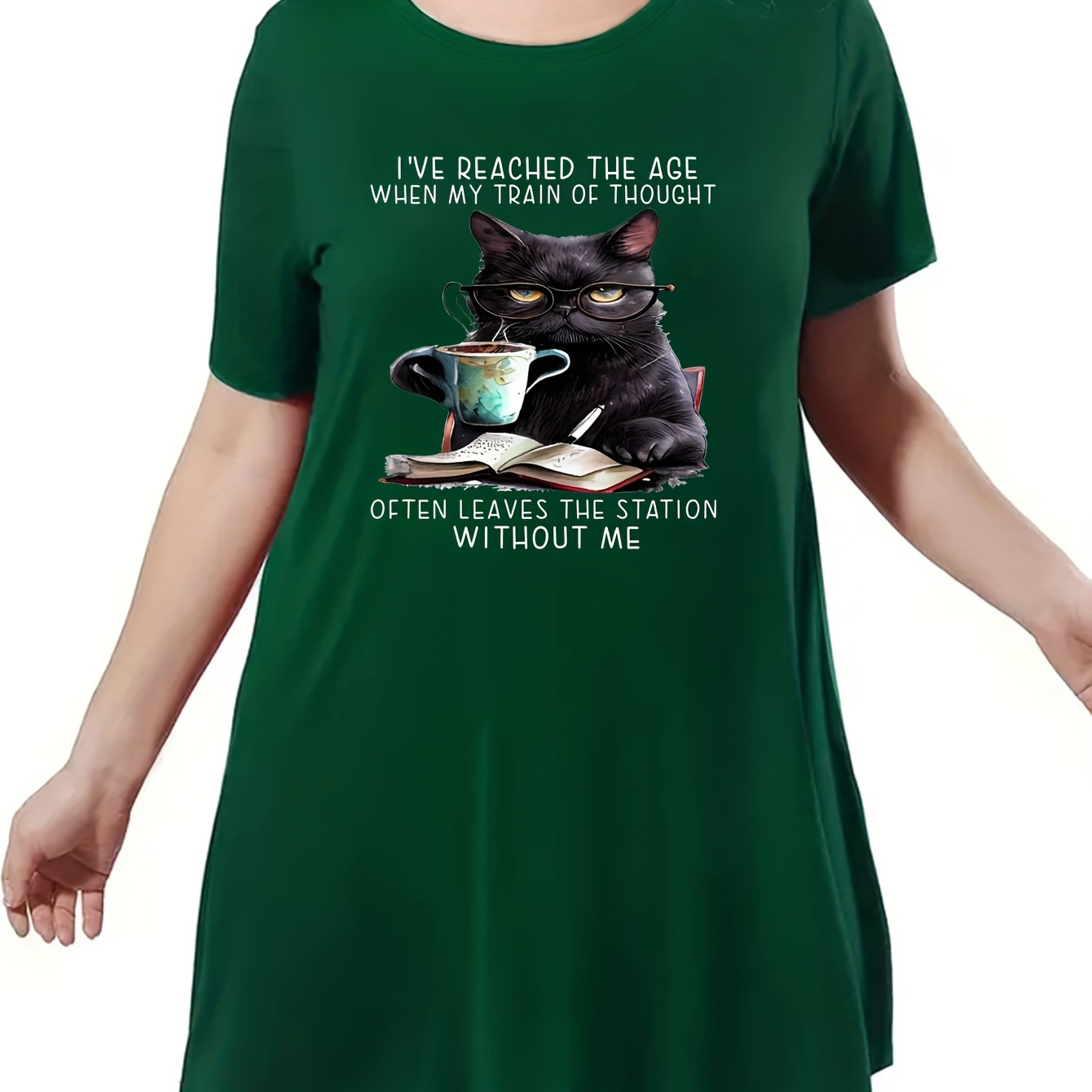 

Women's Plus Casual Nighdress, Plus Size Funny Cat & Slogan Print Short Sleeve Round Neck Tee Sleep Dress