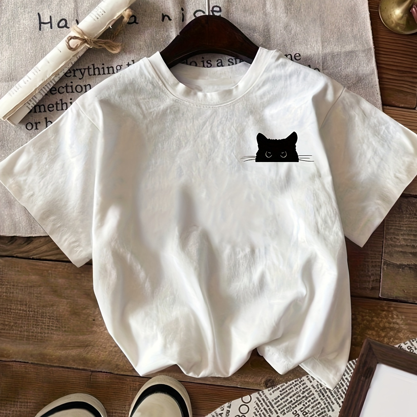 

Cat Neck T-shirt, Casual Short Sleeve T-shirt For , Women's Clothing