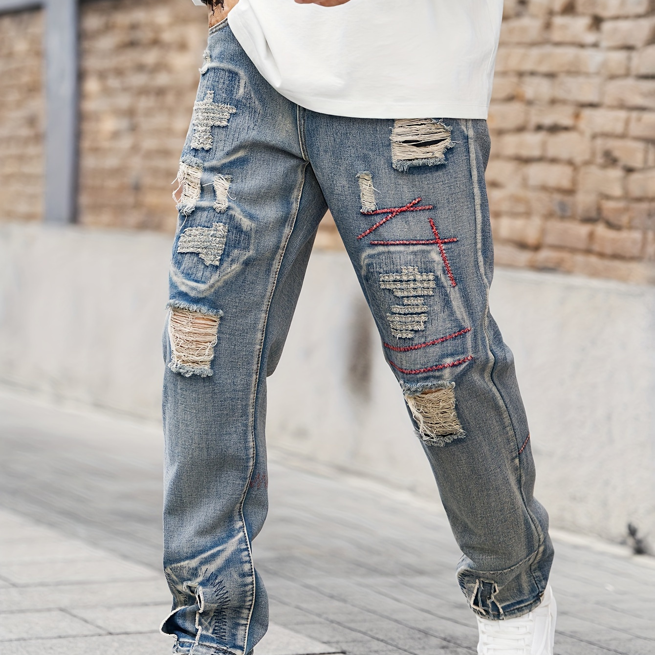 

Men's Loose Fit Straight Leg Ripped Jeans, Men's Stylish Comfy Denim Pants, Versatile For 4 Seasons