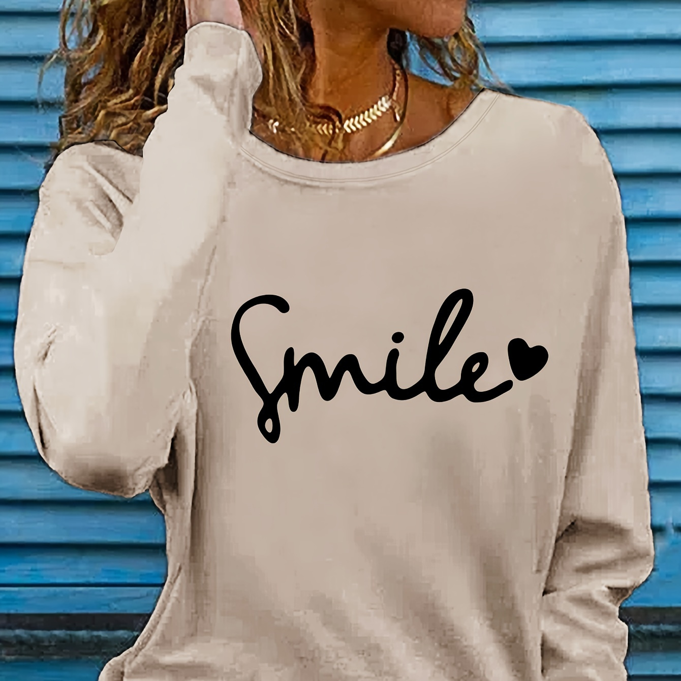 

Smile Letter Print T-shirt, Long Sleeve Crew Neck Casual Top For Spring & Fall, Women's Clothing