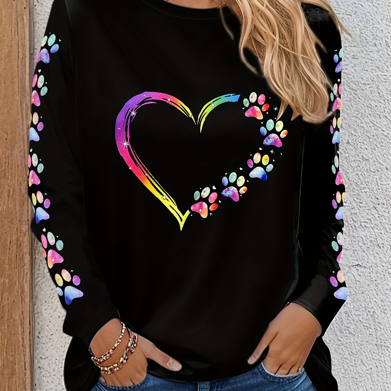 

Heart & Paw Print Crew Neck T-shirt, Casual Long Sleeve T-shirt For Spring & Fall, Women's Clothing, Valentine's Day