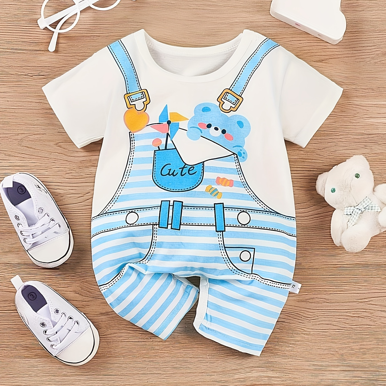 

Baby Boy's 100% Pure Cotton Romper With Cute Bear Print And Faux Suspender Shorts, Casual Summer Outfit For Newborn