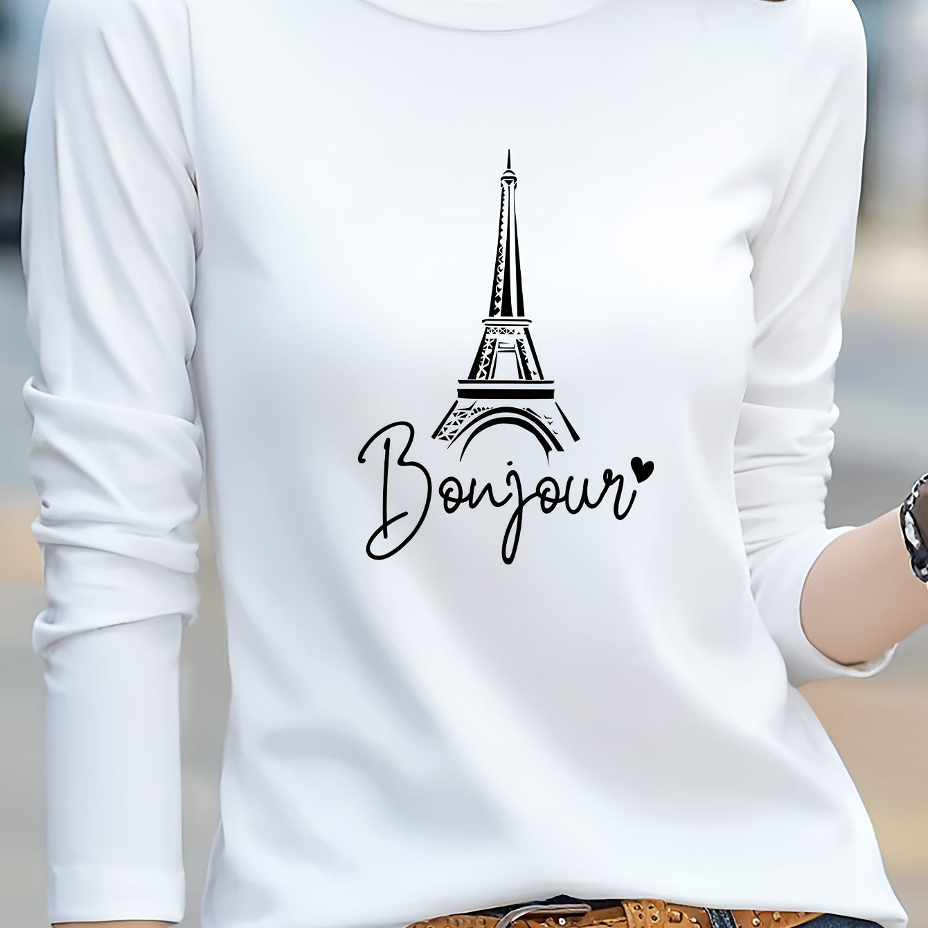 

Paris Print T-shirt, Long Sleeve Crew Neck Casual Top For Spring & Fall, Women's Clothing