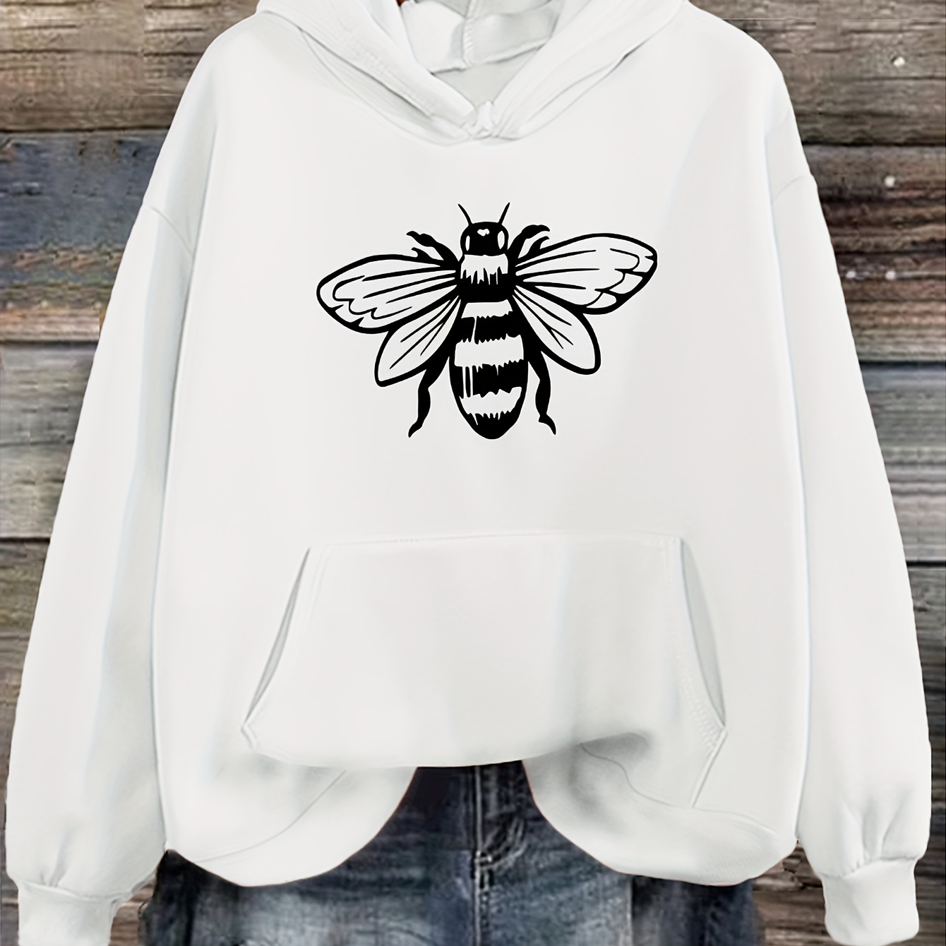 

Bee Print Kangaroo Pocket Hoodie, Casual Long Sleeve Drawstring Hooded Sweatshirt, Women's Clothing