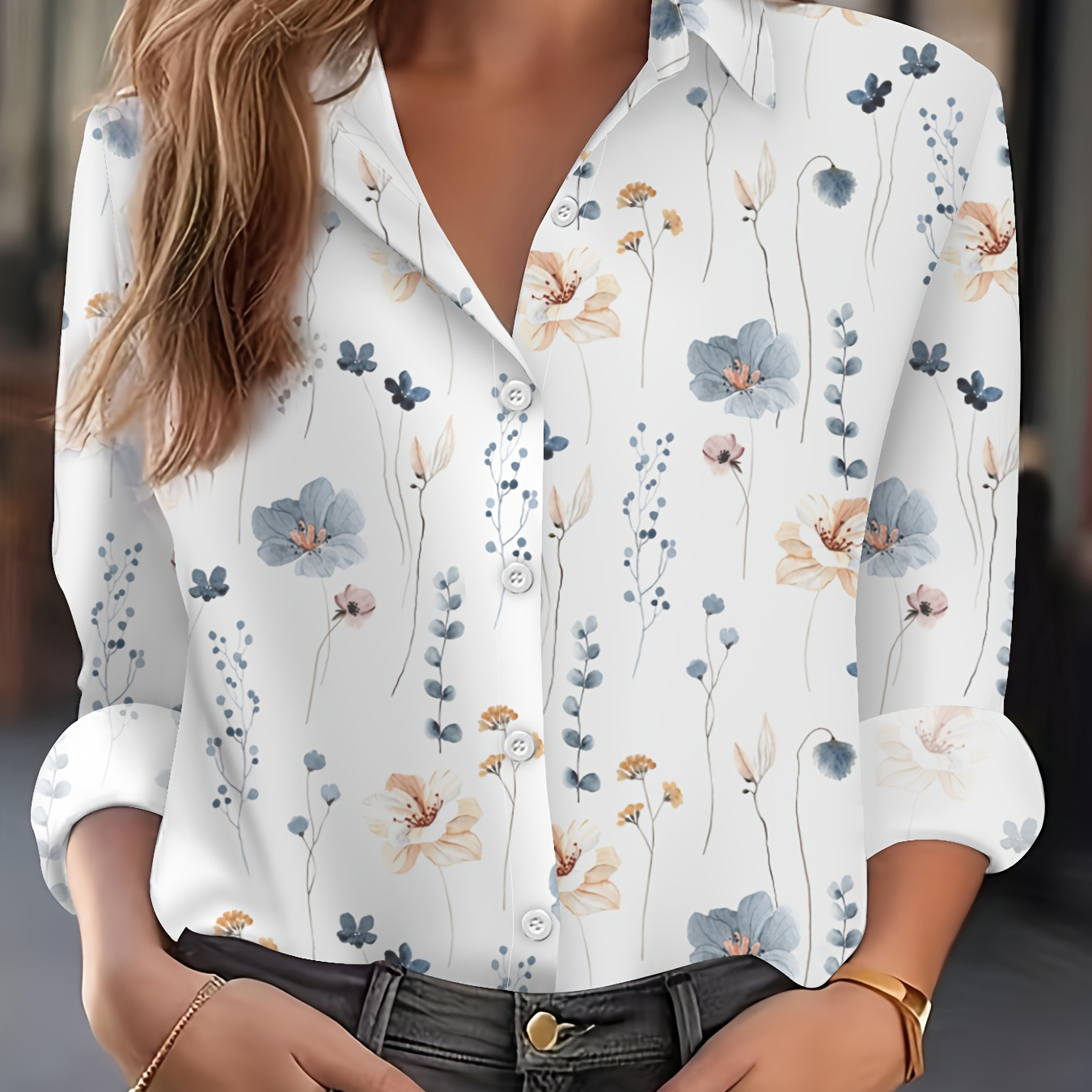 

Floral Print Button Front Shirt, Elegant Long Sleeve Collared Shirt, Women's Clothing