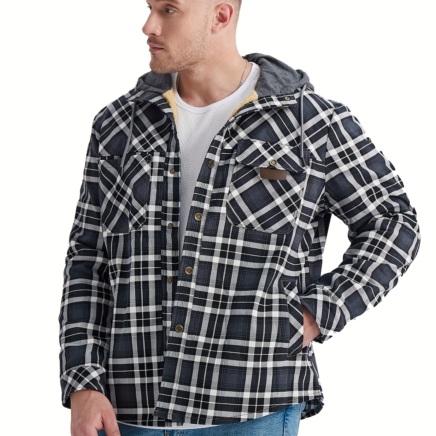 Casual Plaid Pattern Men's Cotton Comfy Long Sleeve Hooded Shirt With Pocket Design, Spring Fall Outdoor