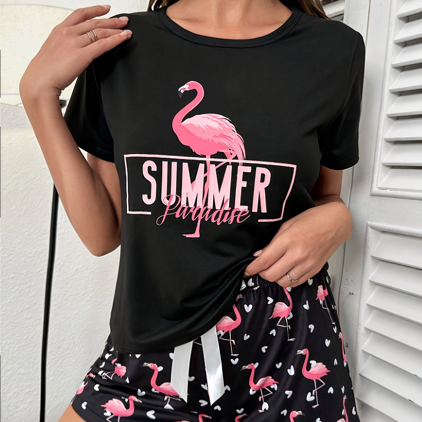 

Flamingo & Letter Print Pajama Set, Casual Short Sleeve Round Neck Top & Bow Shorts, Women's Sleepwear