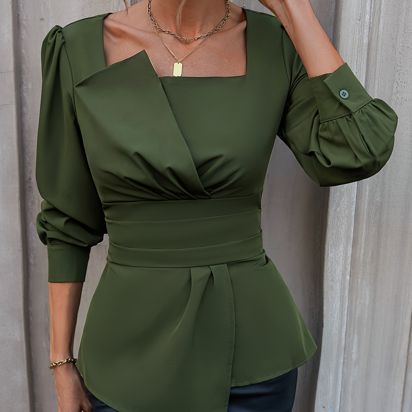 

Chic Square Neck Blouse With Ruched Detail - Elegant Asymmetrical Hem, Solid Color, Polyester , Machine Washable - Ideal For All