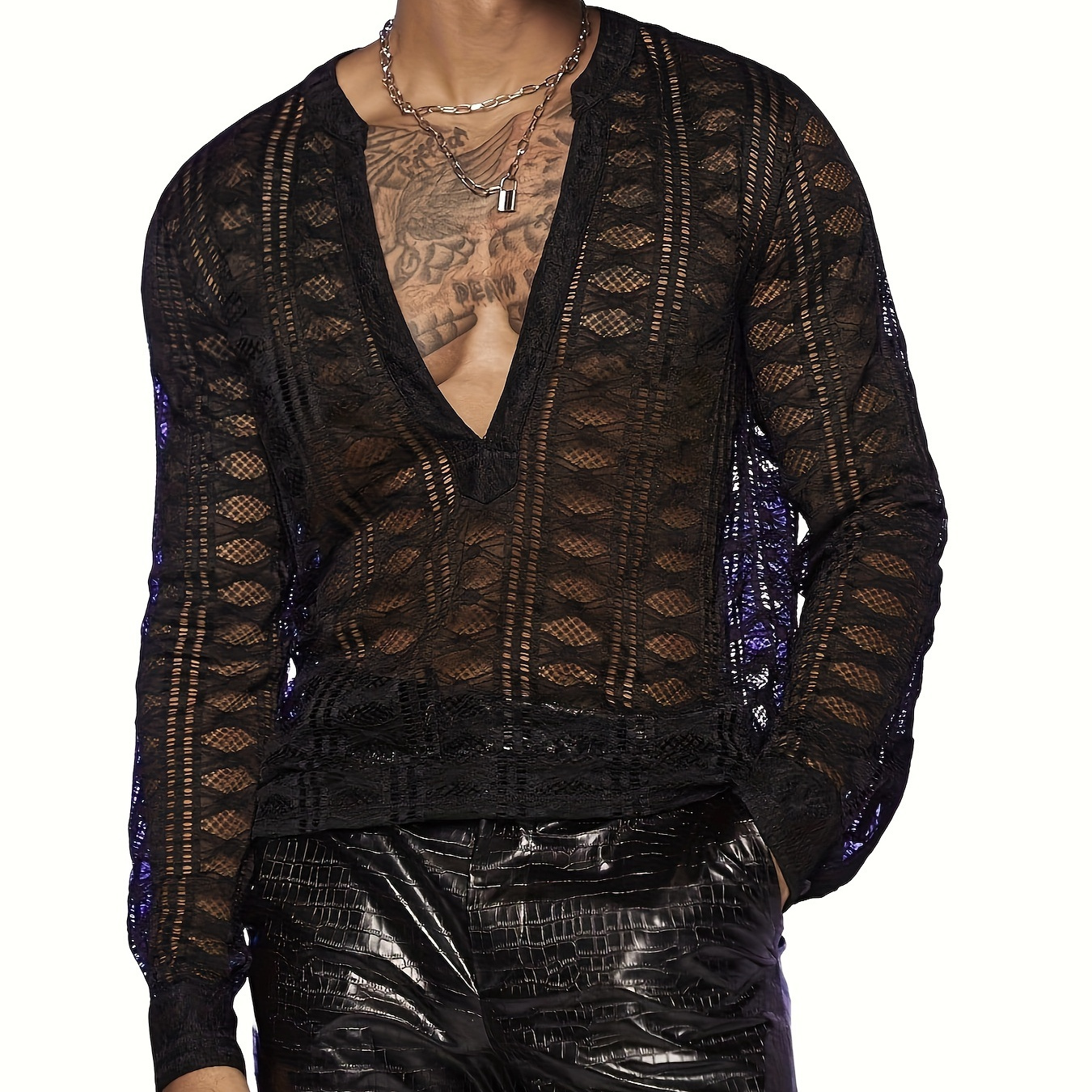 

Men's Sheer Mesh Long Sleeve Shirt With V-neck Cutout - Breathable, Casual