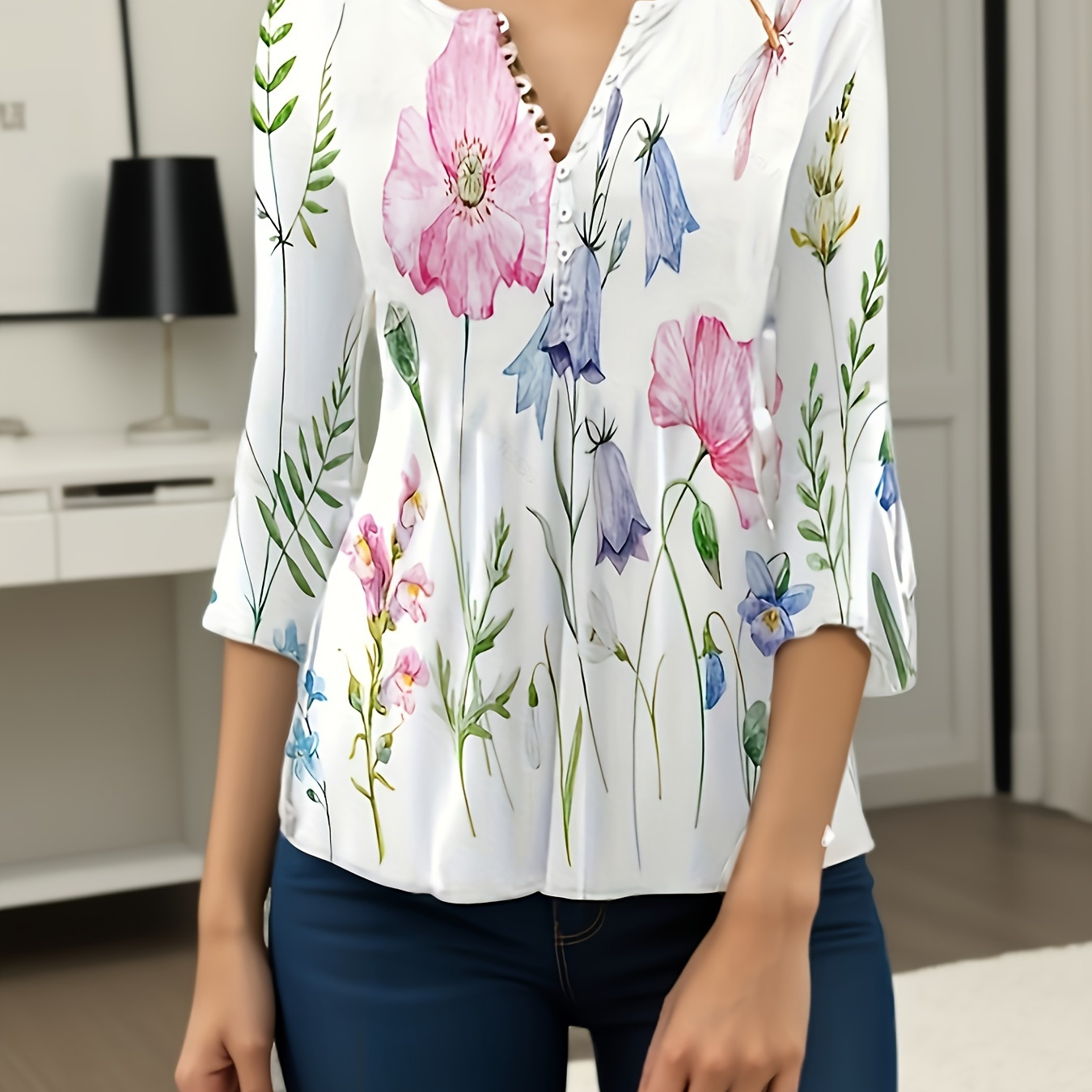 

Floral Print Button Front T-shirt, Casual Half Sleeve Top For Spring & Summer, Women's Clothing