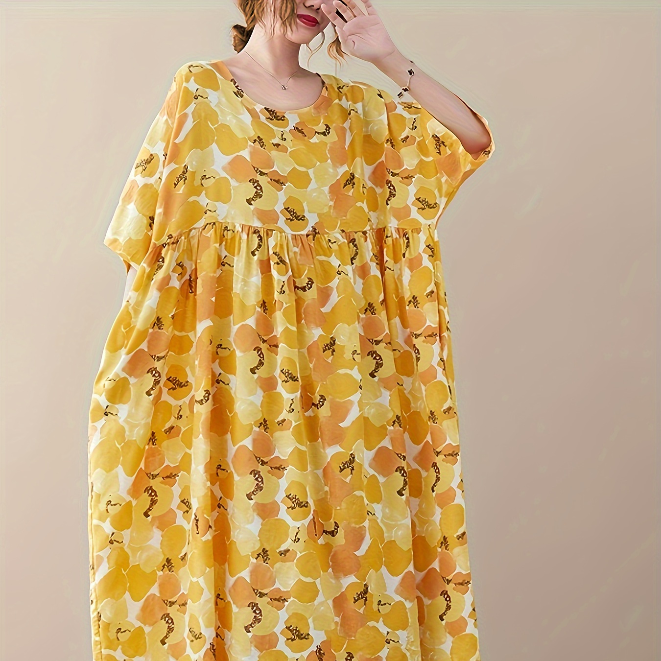 

Plus Size Floral Print Dress, Casual Short Sleeve Crew Neck Dress For Spring & Summer, Women's Plus Size clothing