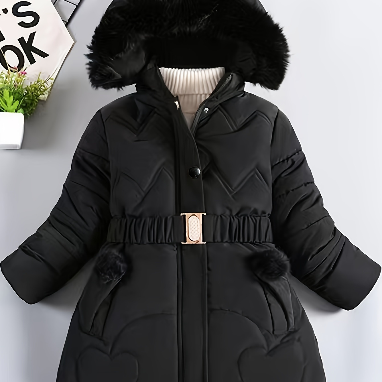 

Girls Winter Coat Thick Padded Long Sleeve Hooded Coat With Faux Furry Collar Winter Outerwear