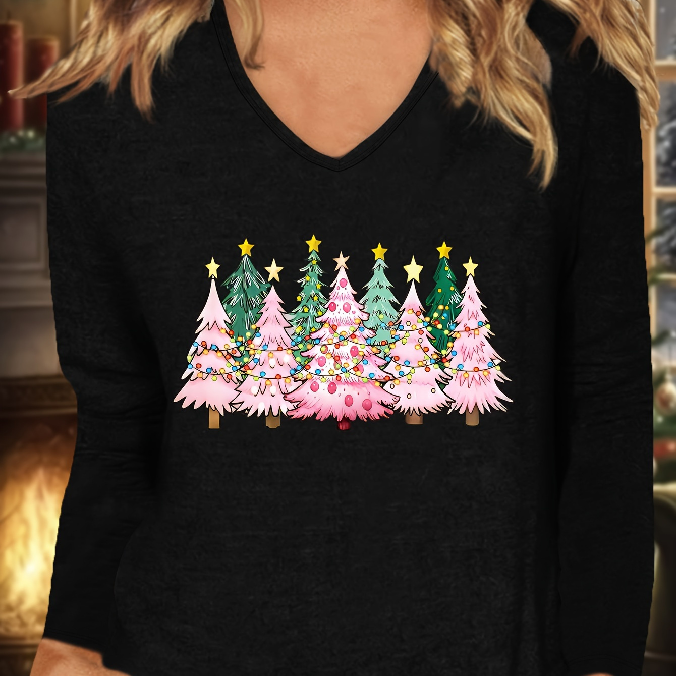 

Women's Christmas Tree Print Long Sleeve V-neck T-shirt - Polyester And Elastane Blend, Knit Fabric, Stretch, Casual Sport Style, Suitable For Fall/winter