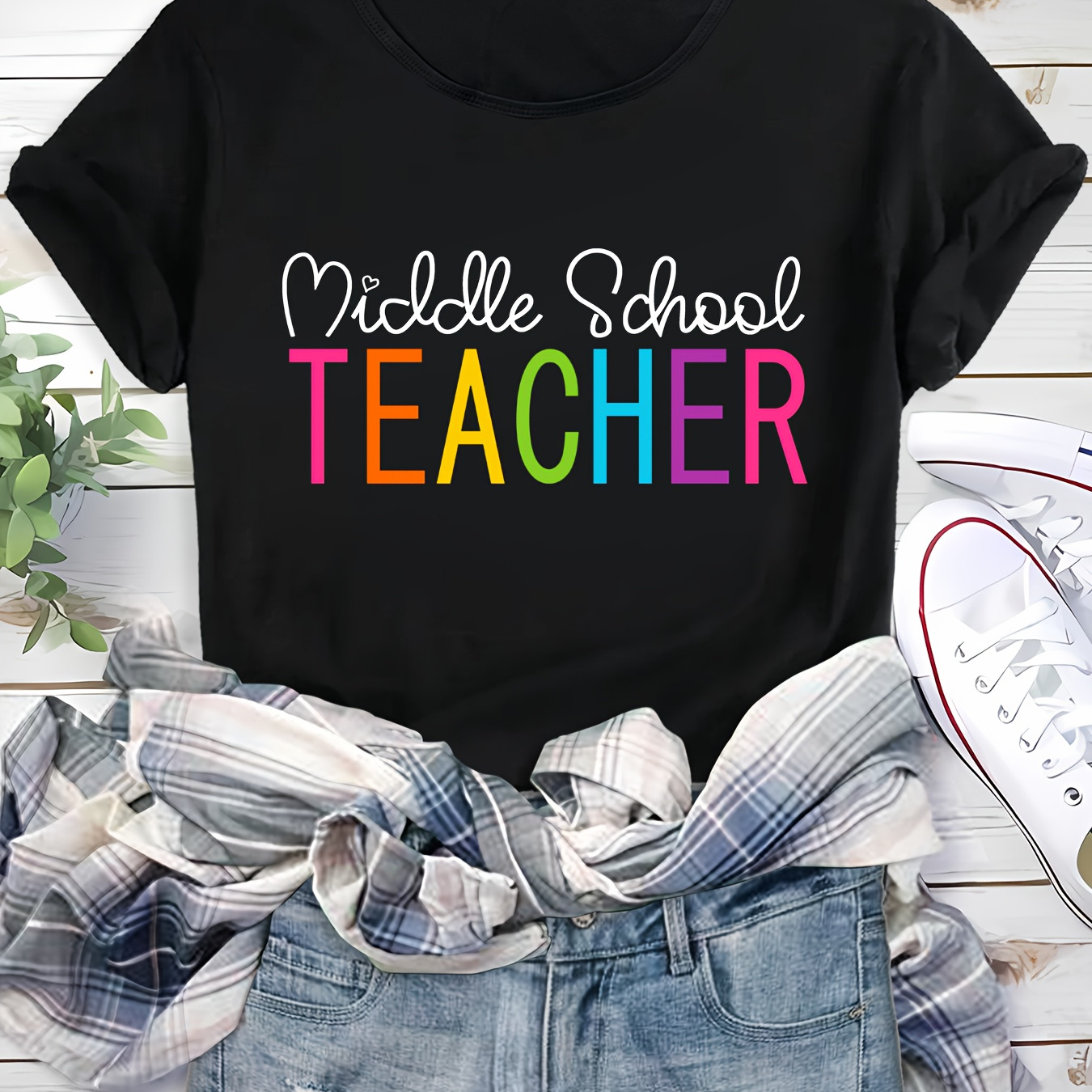 

Women's Casual Loose Fit Summer T-shirt With Colorful "middle School Teacher" Lettering, Round Neck, Short Sleeve, Fashionable