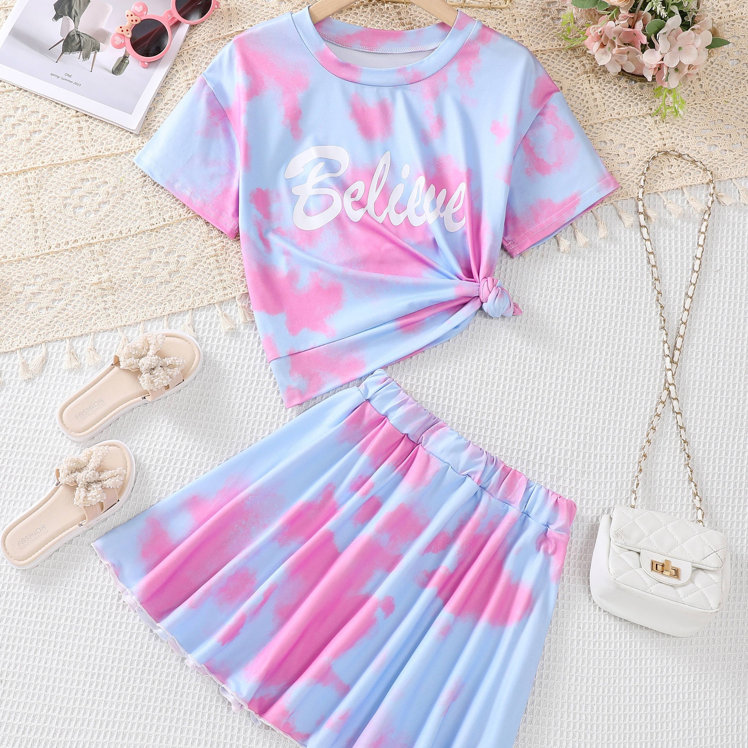 

Girl's Sporty 2pcs Tie Dye Print Ruffle Short Sleeve Top + Casual Short Skirt Set 2-piece Summer Outfit