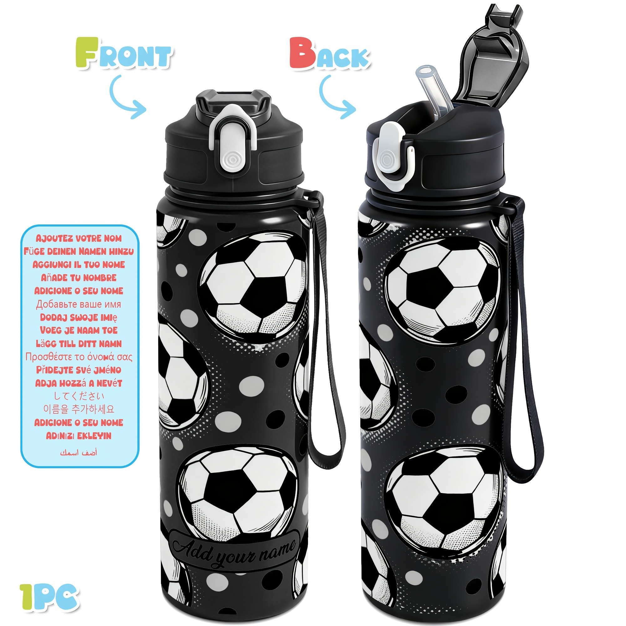 TEMU 1 pièce, Bouteille d'eau de football personnalisée avec nom, 25 oz/750 ml, Gourde de sport en plastique -fuite, Cadeau personnalisé idéal pour