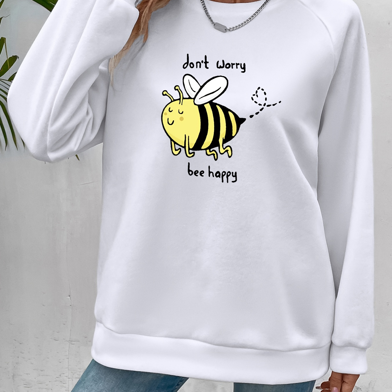 

Bee & Slogan Print Pullover Sweatshirt, Casual Long Sleeve Crew Neck Sweatshirt For Fall & Winter, Women's Clothing