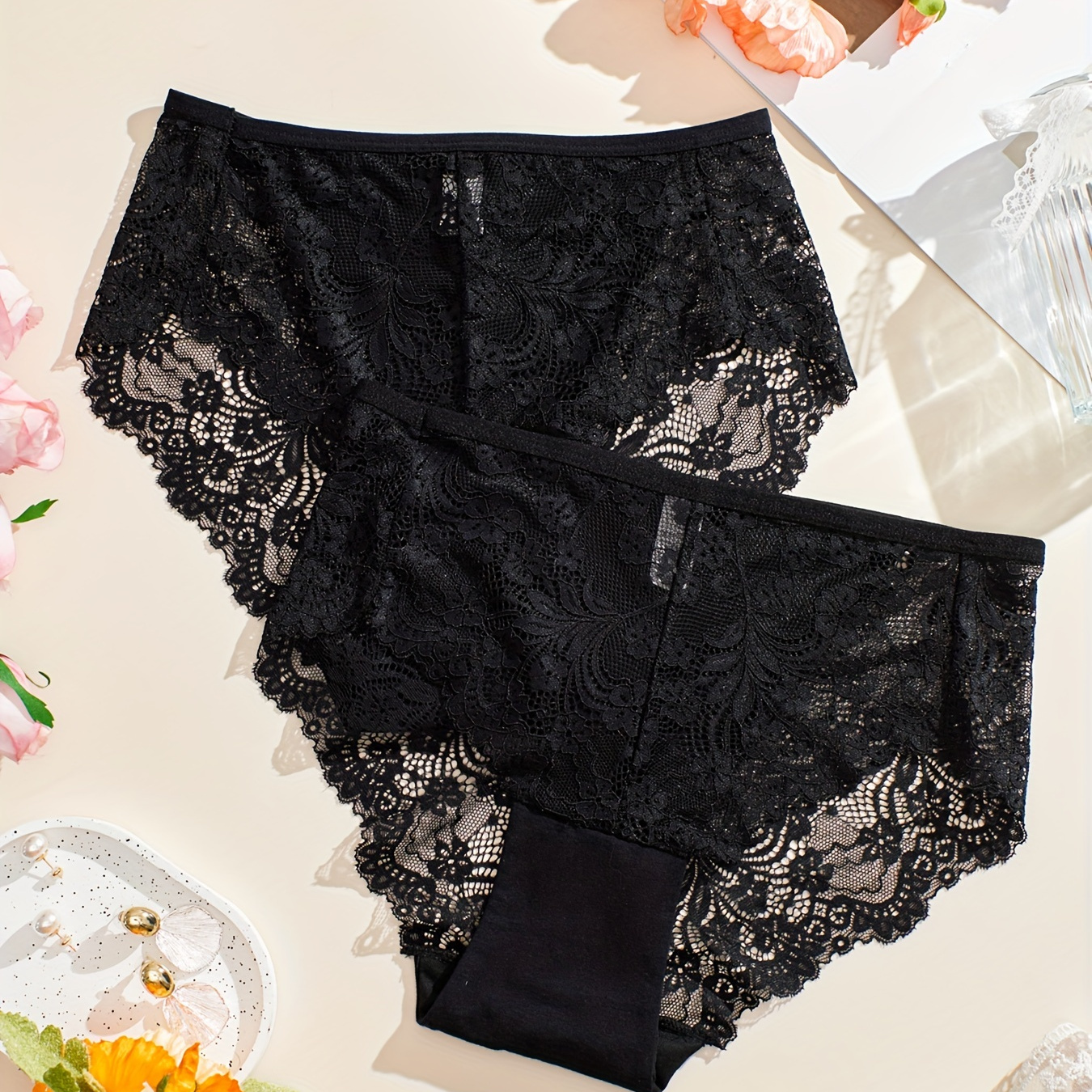 

2pcs Solid Floral Lace Semi Sheer Briefs, Elegant Comfy Breathable Stretchy Intimates Panties, Women's Lingerie & Underwear