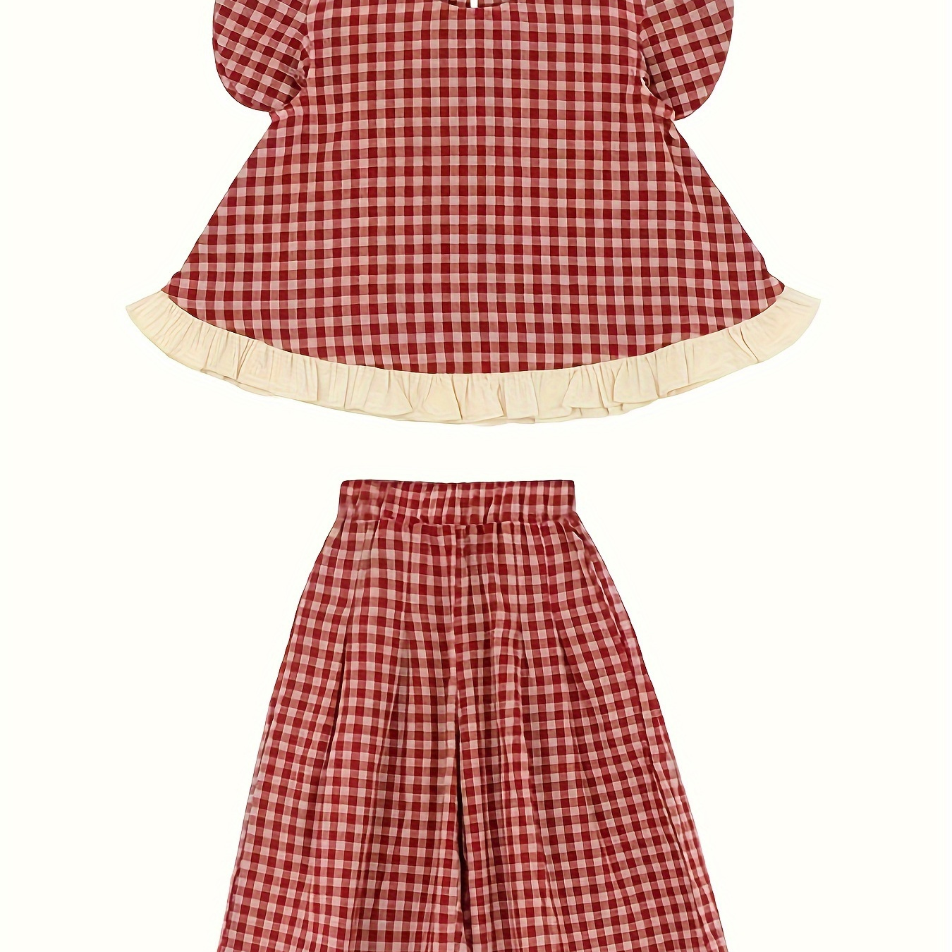 

Creamy Plaid Girl's 2pcs, Ruffle Loose Blouse Top + Wide-leg Trousers Set, Casual Outfit Cute Girls Summer Clothes