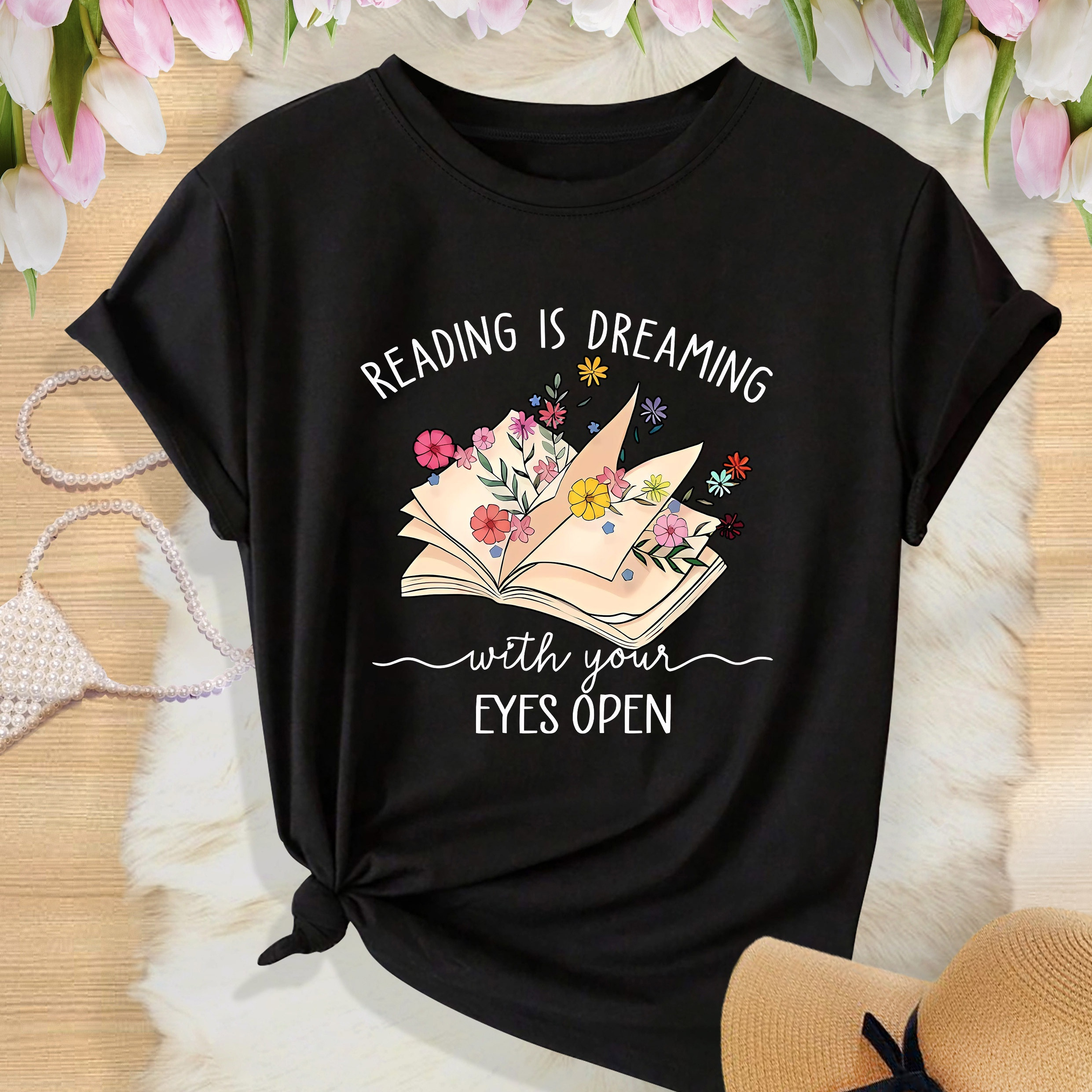 

Books Print Round Neck Sports T-shirt, Short Sleeve Running Casual Tops, Women's Activewear