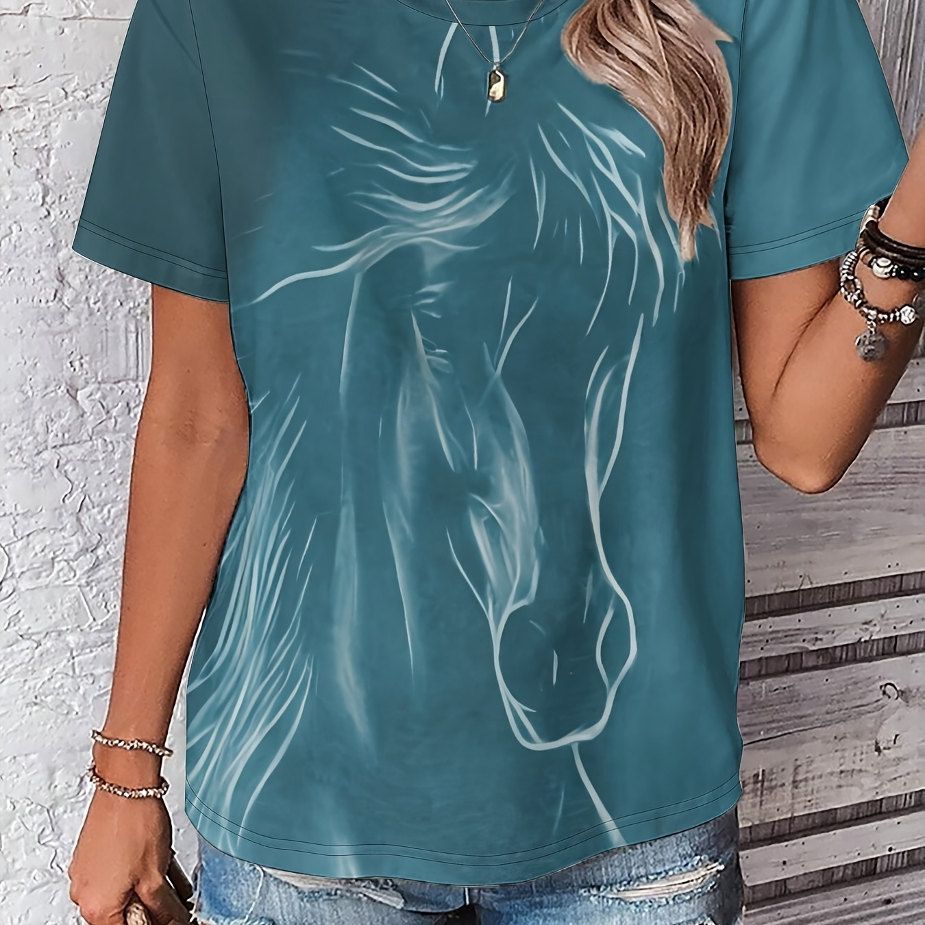 

Code Dp101006, 3d Virtual Horse Pattern Print, Loose And Comfortable Round Neck Short Sleeve, Simple Top, Casual Trendy Women's Wear For Spring, Summer, And Autumn.