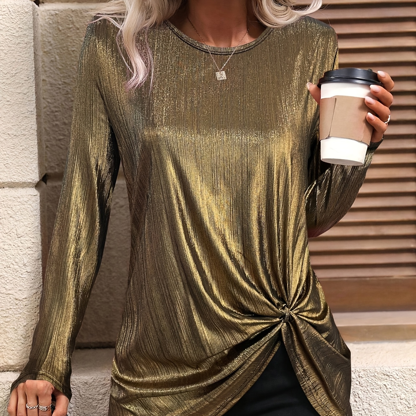 

1pc Elegant Metallic Long Sleeve T-shirt For Women, Polyester Crew Neck Top With Twist Detail, Solid Color Woven Blouse For Spring/fall