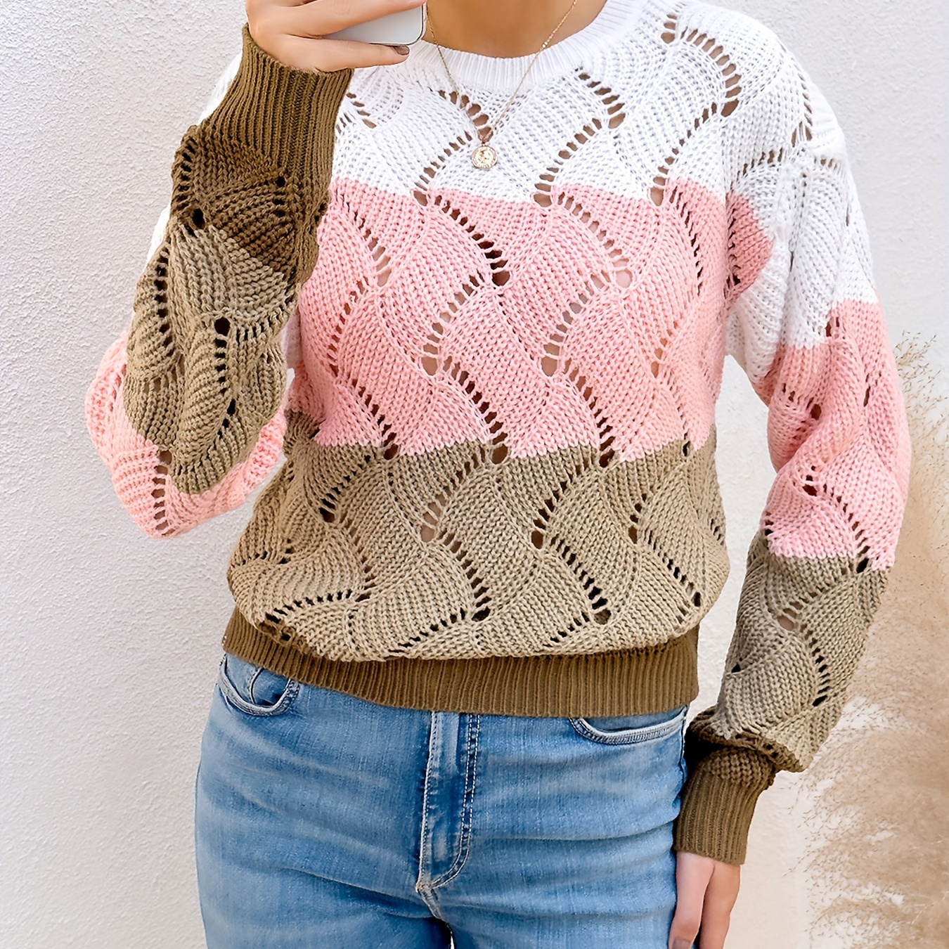 

Knitted Pullover Sweater, Casual Crew Neck Long Sleeve Top For Fall & Winter, Women's Clothing