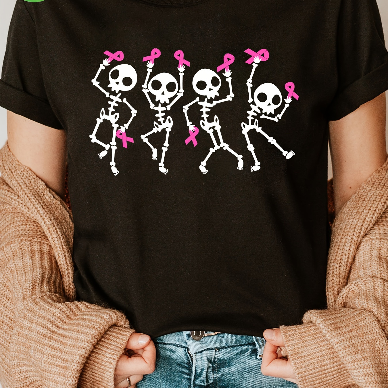 

Women's 100% Cotton T-shirt With Dancing Skeletons & Pink , Breast Cancer Awareness, Crew Neck, , Slight Stretch Fabric, Short Sleeve Top For