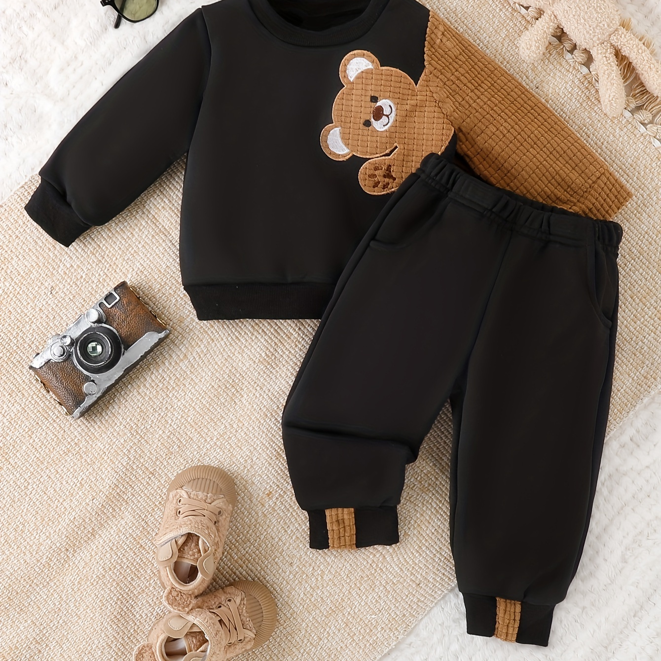 

Baby Boys Cute Bear Embroidery Sweatshirt And Matching Sweatpants, 2pcs Infants Casual Comfortable Fall Winter Outfit