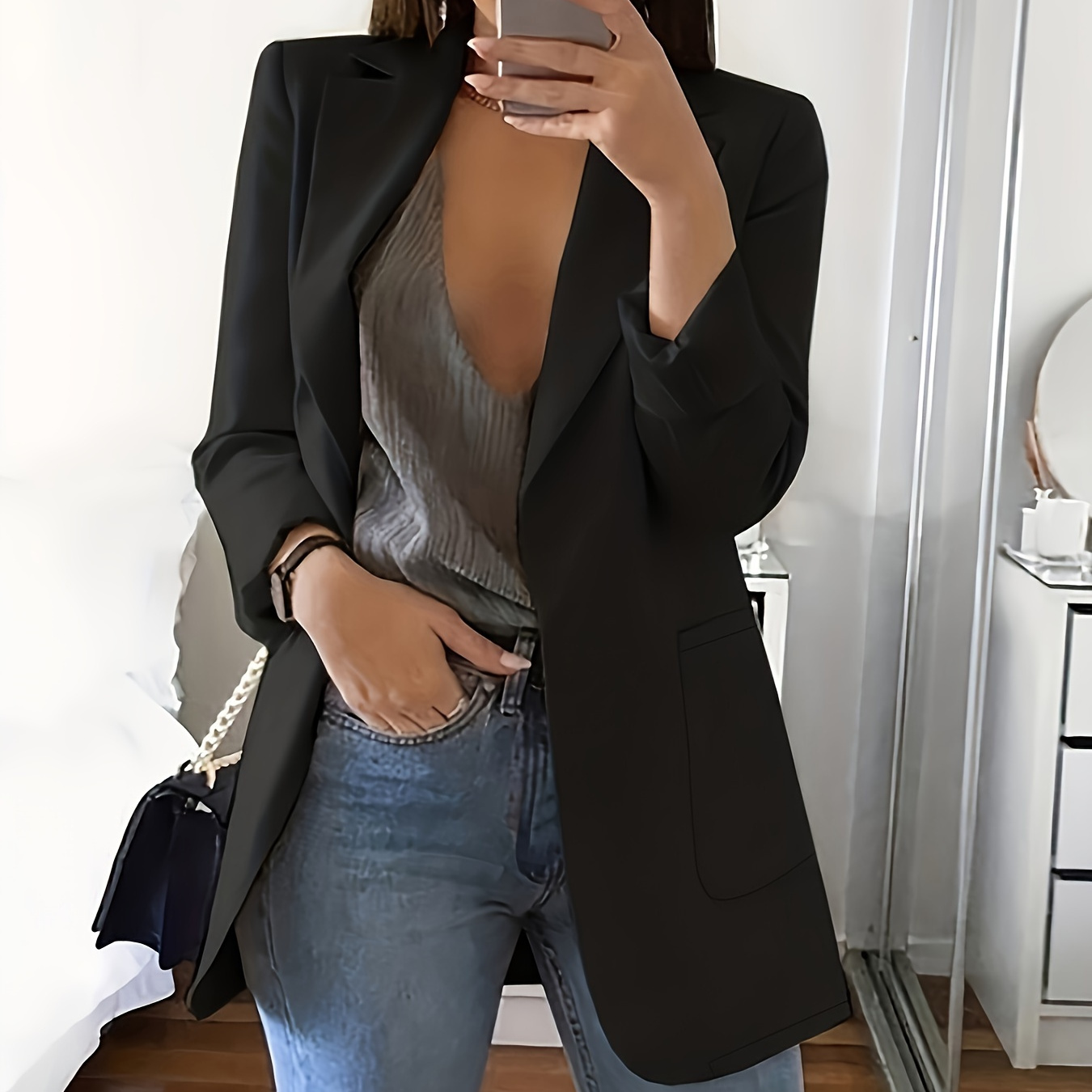 

Solid Color Open Front Pockets Blazer, Elegant Long Sleeve Lapel Simple Outwear For Office & Work, Women's Clothing