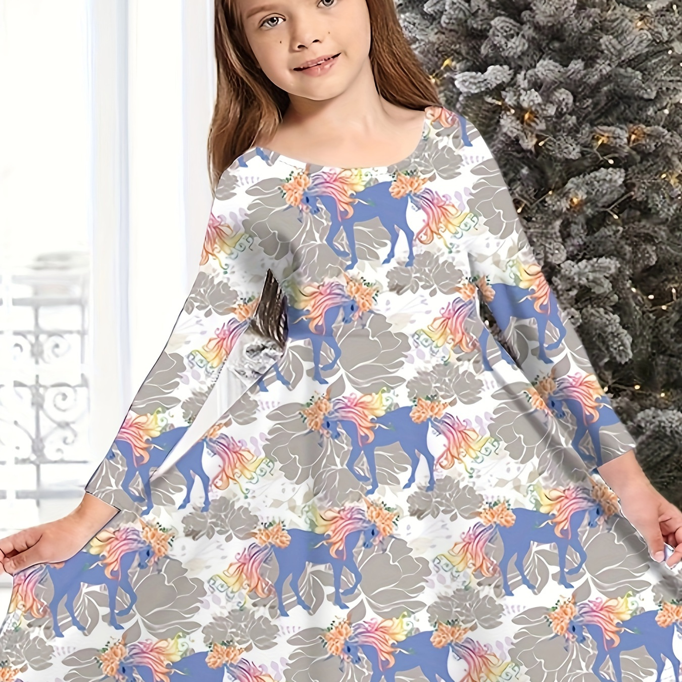 

Girls Snowy Reindeer Graphic Long Sleeve Dress Kids Clothes Spring Fall Christmas Gift