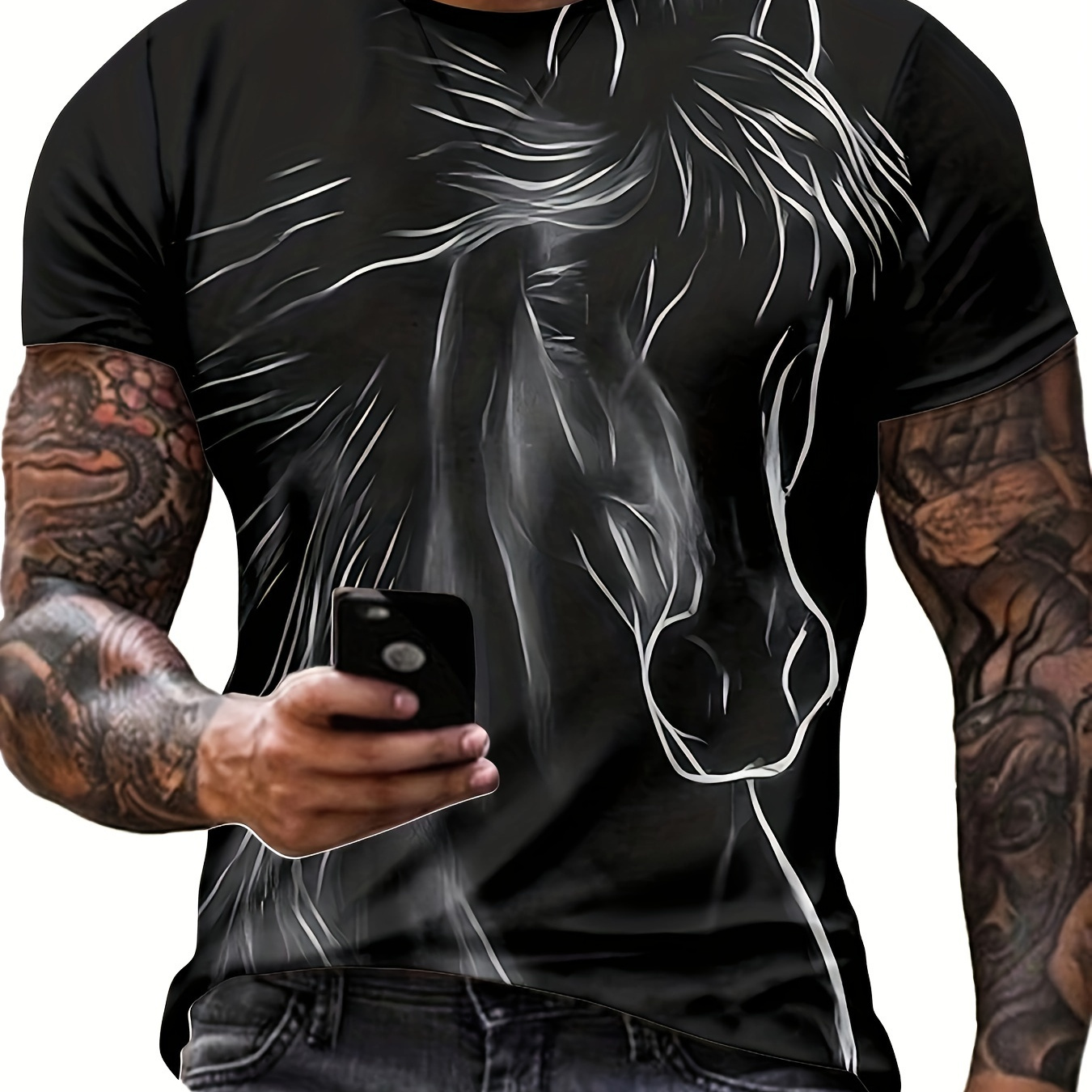 

T-shirt graphique pour homme avec imprimé cheval, t-shirt décontracté à manches courtes et col rond, vêtements pour homme pour l'été en plein air
