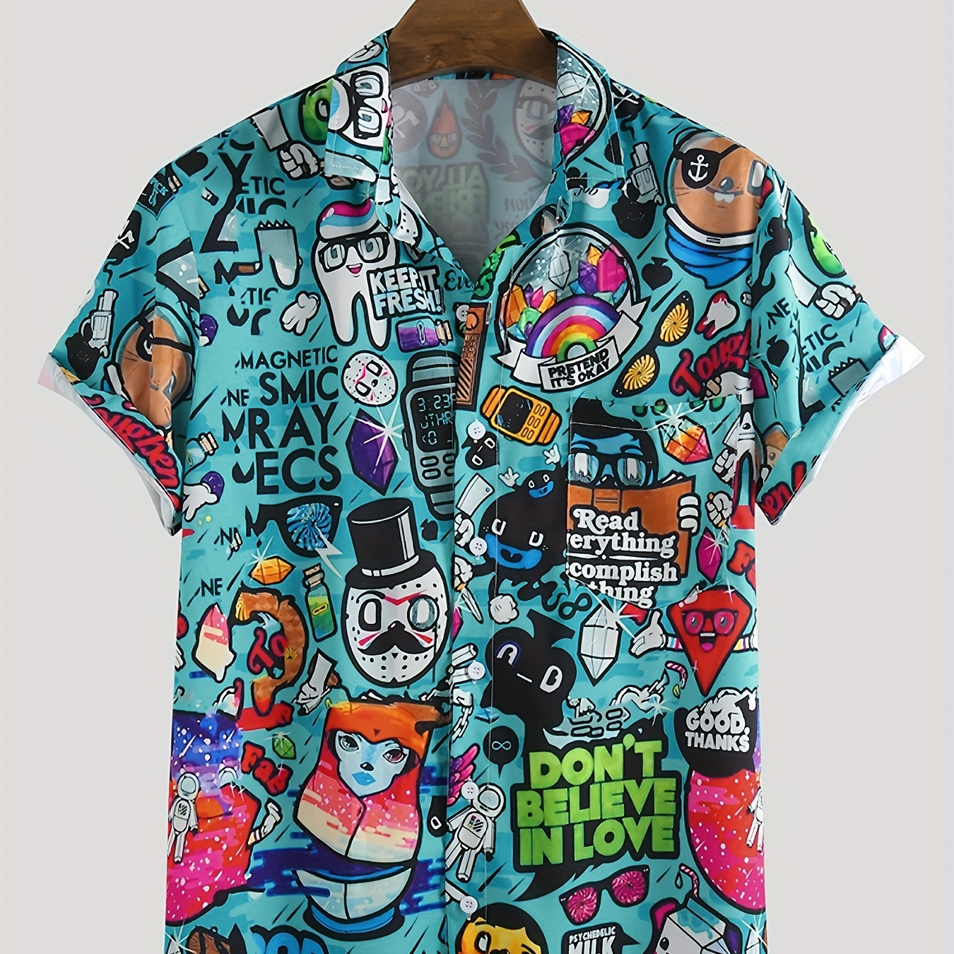 TEMU Street Style Cartoon And Letter Full Print Men's Short Sleeve Button Down Shirt, Summer Outdoor, Special Gift