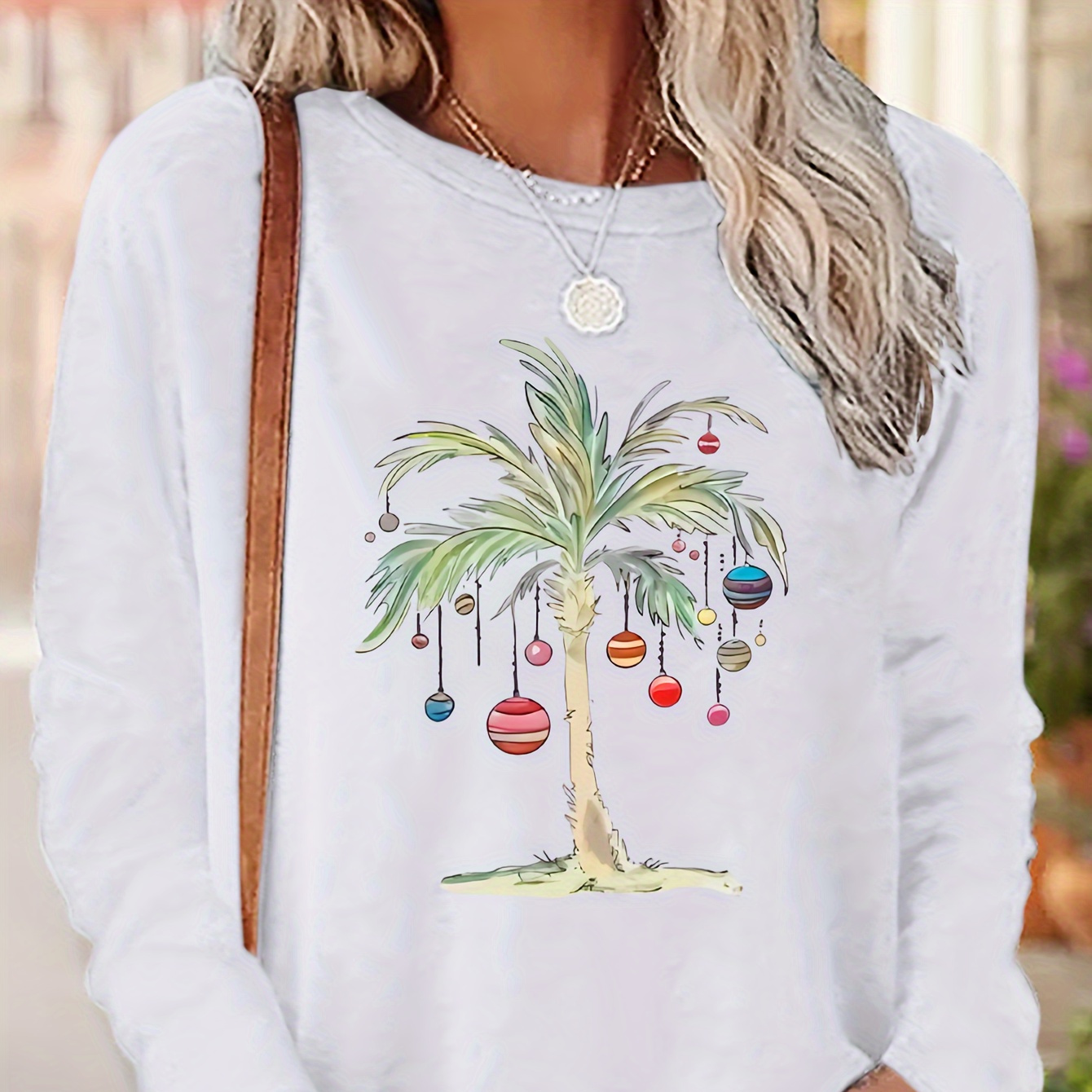 

Tree Neck T-shirt, Casual Long Sleeve T-shirt For Spring & Fall, Women's Clothing