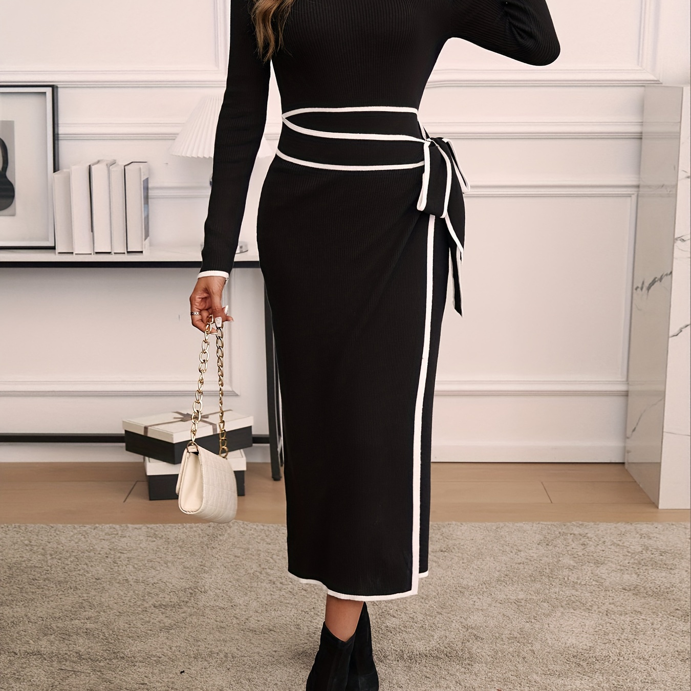 

Contrast Trim Asymmetrical Dress, Elegant Tie Waist Long Sleeve Bodycon Dress For Spring & Fall, Women's Clothing