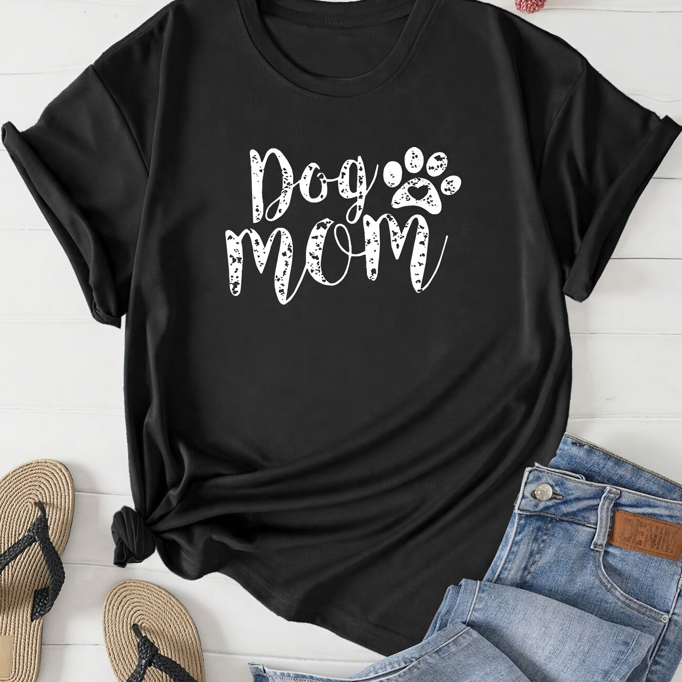

Plus Size Dog Mom Print T-shirt, Casual Short Sleeve Crew Neck Top For Spring & Summer, Women's Plus Size Clothing