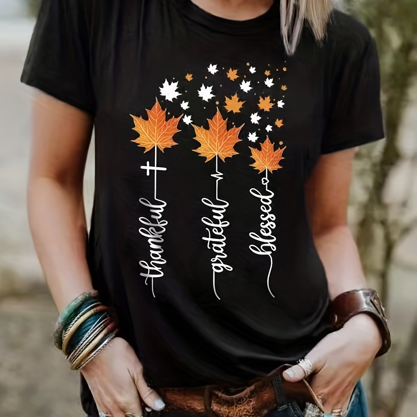 

Maple Leaf & Letter Print Crew Neck T-shirt, Casual Short Sleeve Top For Spring & Summer, Women's Clothing