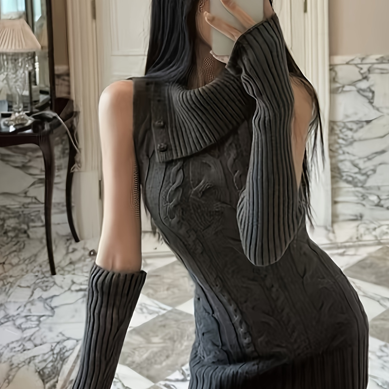 

Chic Vintage-inspired Turtleneck Knit Dress With Cable Texture - Sleeveless, Bodycon Fit For Women - Perfect Winter Layering Piece