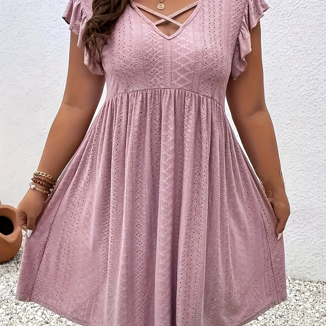 

Plus Size Solid Eyelet Cut Out Criss Dress, Casual Flutter Sleeve Above Knee Dress For Spring & Summer, Women's Plus Size Clothing