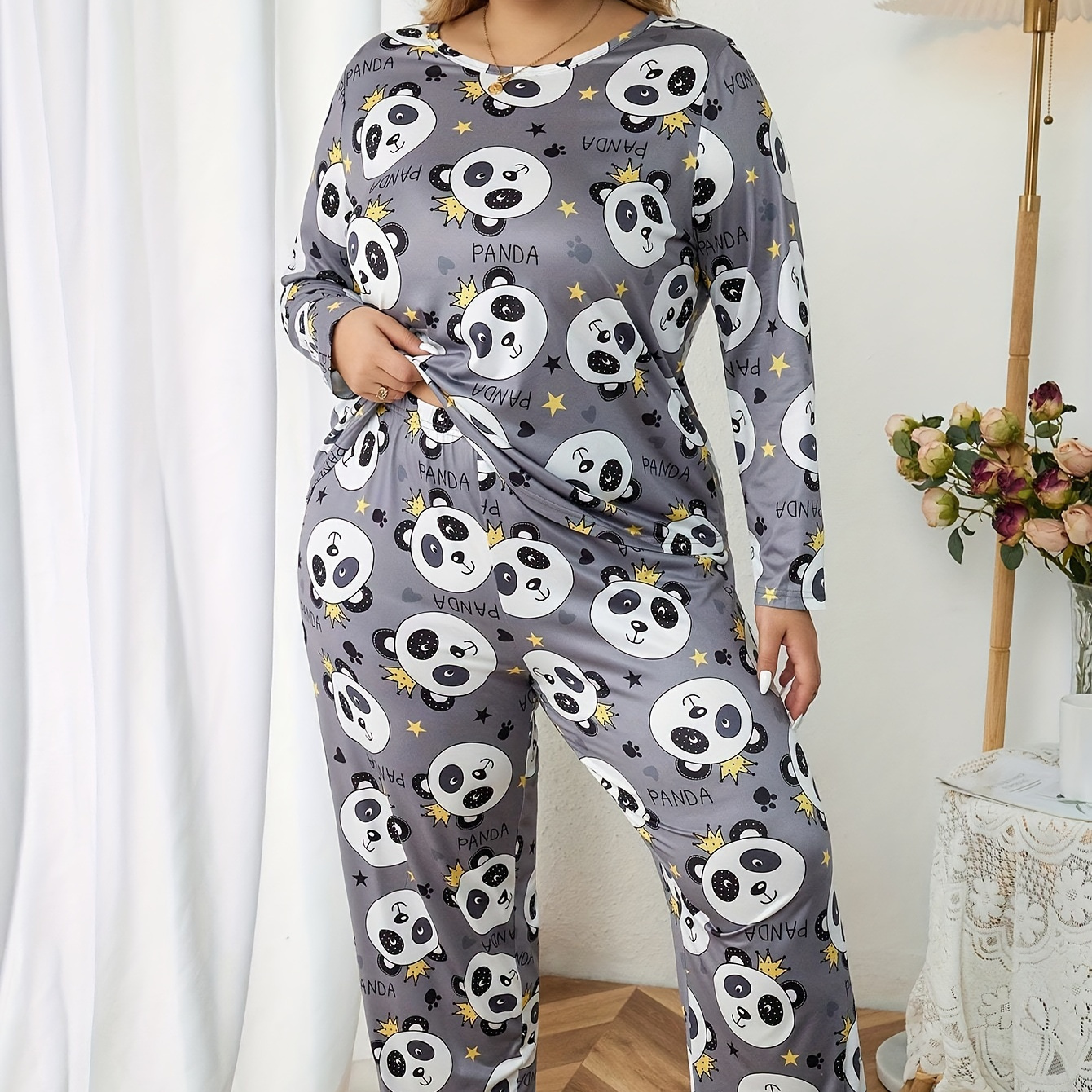 

Cute Large Size Women's Pajama Set, Cartoon Print Round Neck Long Sleeve Long Pants Two-piece Set, Loose And Clothes, Casual Outdoor Wear